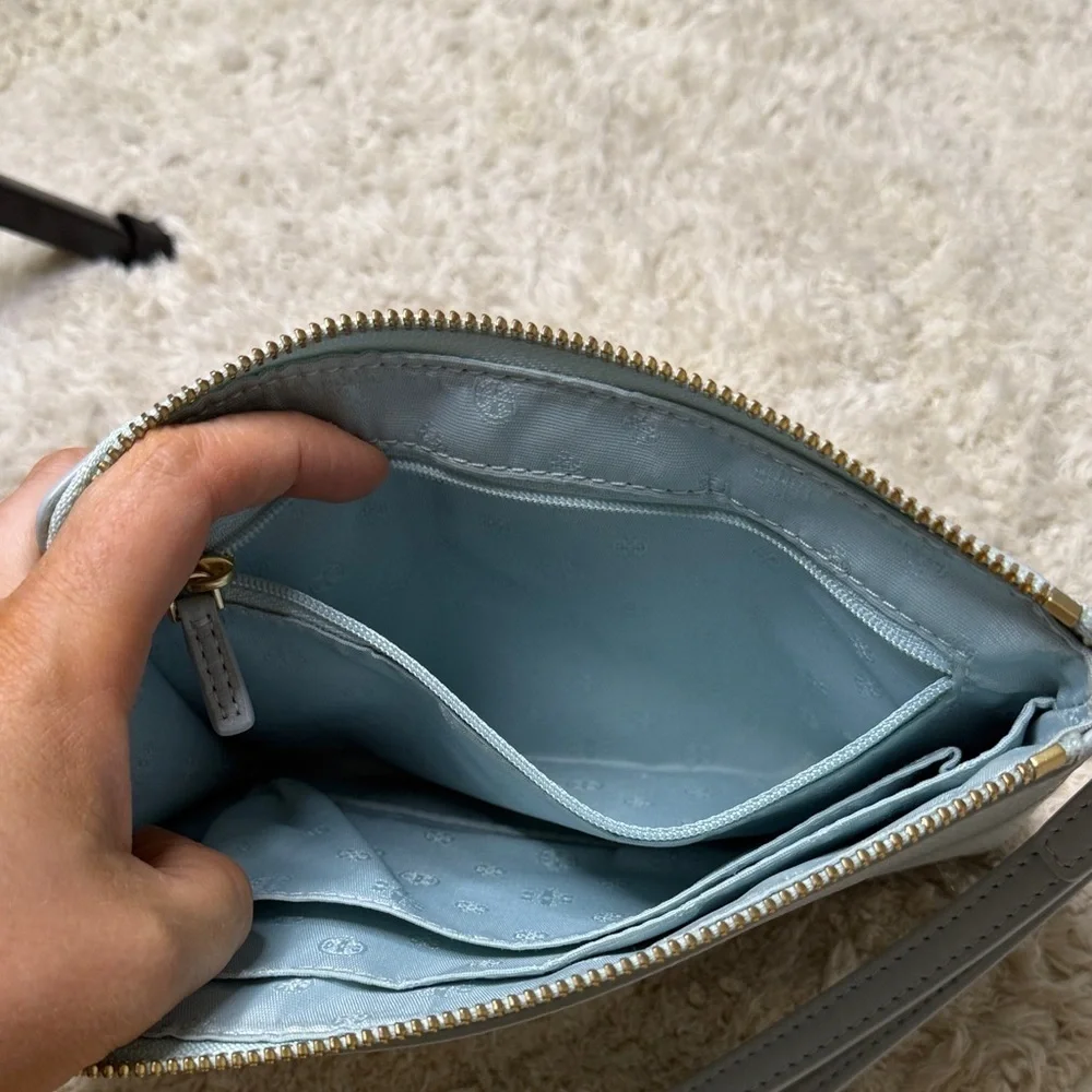 Tory Burch Sky Blue Britten Large Zip Pouch Wristlet with Gold Logo
